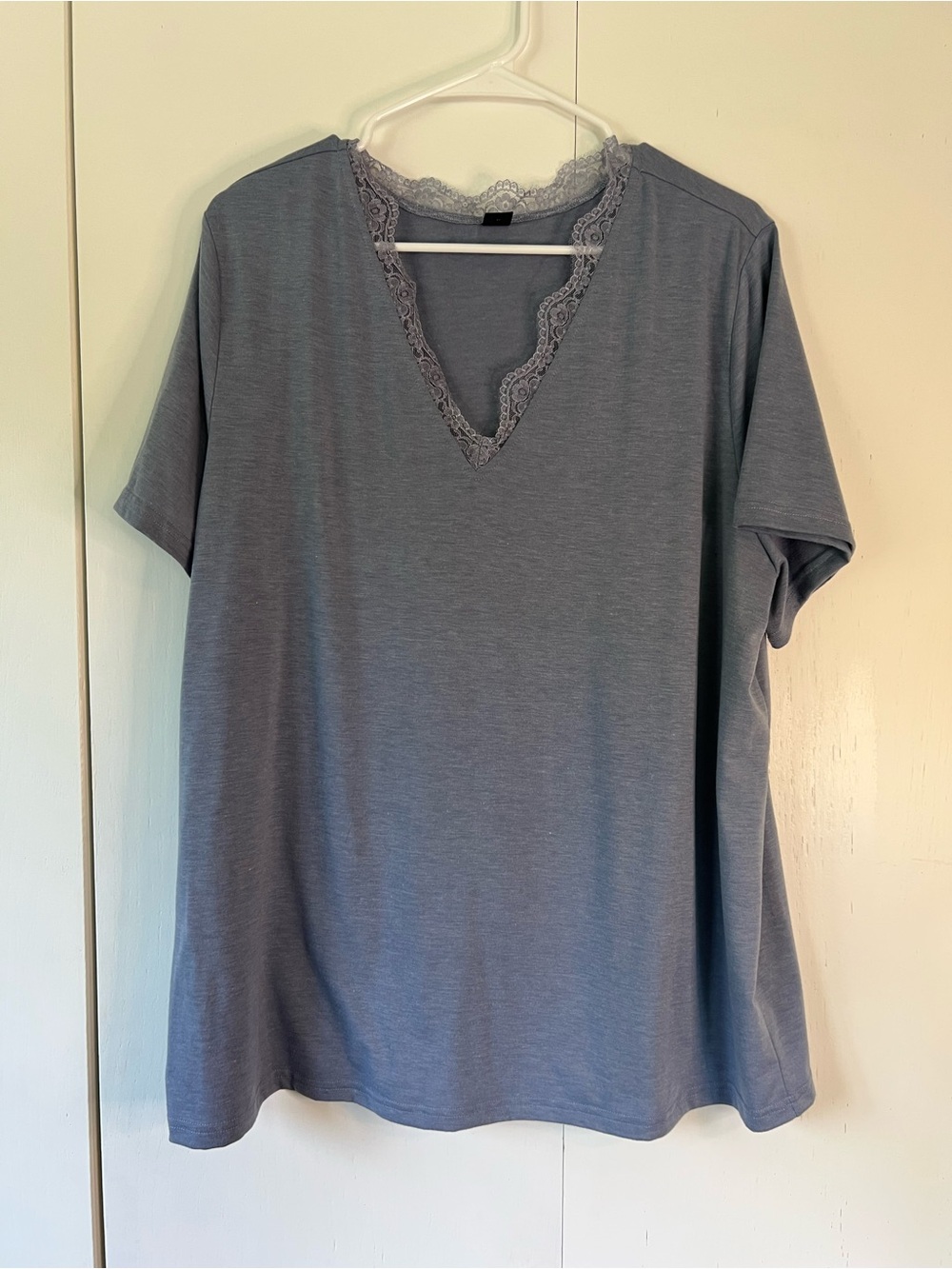 Shein Lace-Trim V-Neck Tee Shirt - Dusty Blue